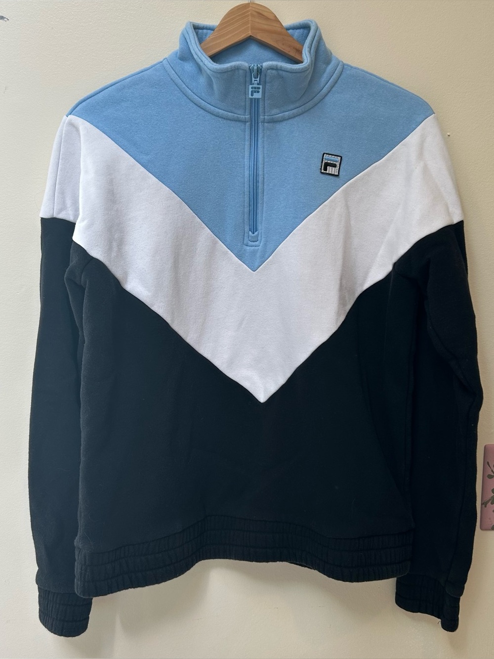 Fila Colorblock Quarter Zip Sweatshirt in Light Blue, White & Black - L